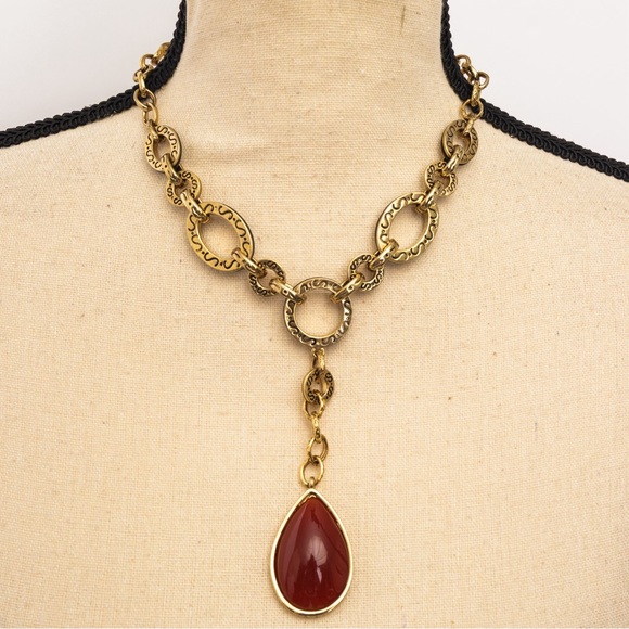 Retro vintage inspired pendant necklace with carnelian look stone Y necklace - Picture 1 of 14